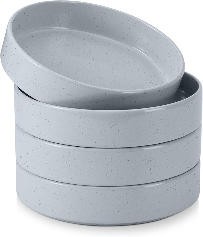 E-far Pasta Bowls Set of 4, 35oz Ceramic Large Salad Bowl Plates for Serving Soup Dinner, Shallow Stoneware Pasta Plate, Microwave & Dishwasher Safe, Speckled Gray
