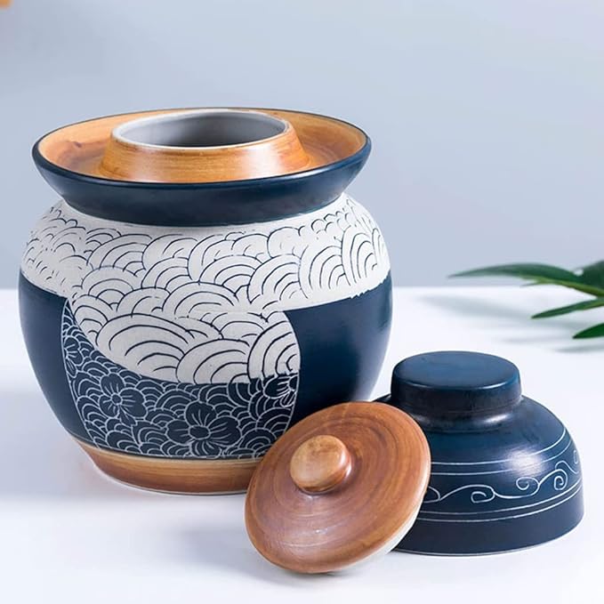 QPZK Blue Traditional Chinese Porcelain Pickle Jar, Ceramic Fermentation Crock Pickling Pot,Fermenting Jar With Water Seal Airlock Lid Stoneware Fermenter for Kimchi Saue 5KG