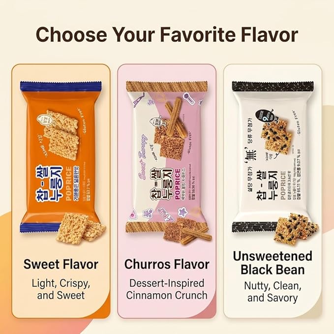 Korean Pop Rice Crackers Variety Pack (찹쌀누룽지 Mix Set) – 3 Flavor Sampler: Black Bean Unsweetened, Sweet Churro, & Original Sweet – Crispy Glutinous Rice Snack, ASMR Texture, Individually Packed (3-Flavor Variety Mix Nurungji Pop - 10.4oz (296g))