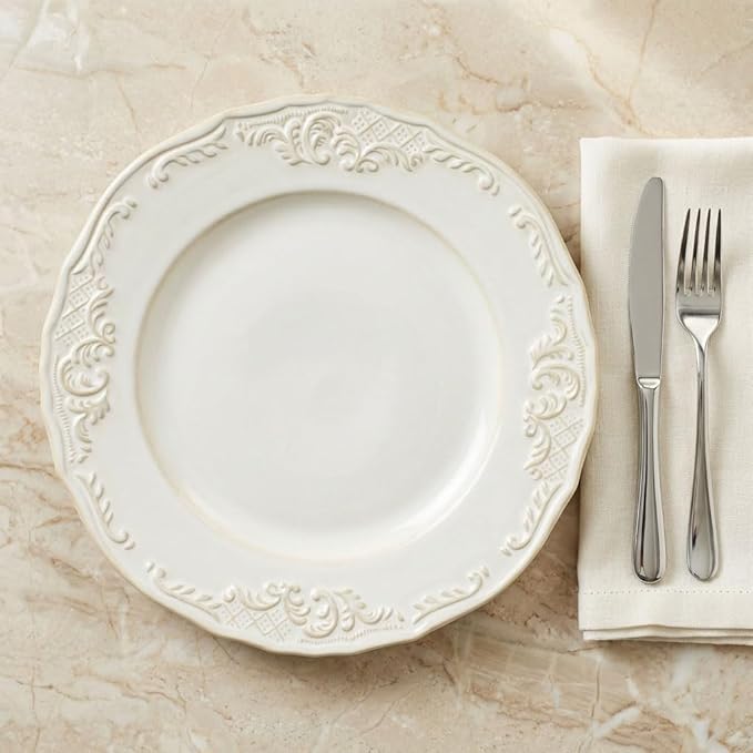 Ceramic dinner plate set (4 pieces), ceramic dinner plates, embossed salad plates, Kitchen Porcelain Serving Dishes, microwave/oven/dishwasher safe, scratch-resistant.