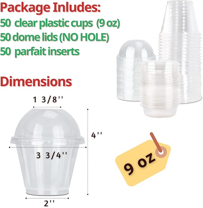 Aatriet 9 oz Clear Plastic Parfait Cups with Insert and Dome Lids No Hole - (50 Sets) Yogurt Fruit Parfait Cups for Kids, for Dips and Veggies, Take Away Breakfast and Snacks. No Leaking