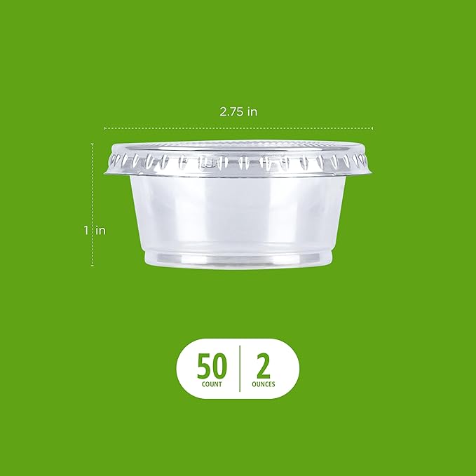 Amazon Basics Disposable Plastic To-Go Cups and Lids, Mini, 2oz, 50 Count, BPA Free, for Condiment, Salad Dressing, Sauces, Jello Shots
