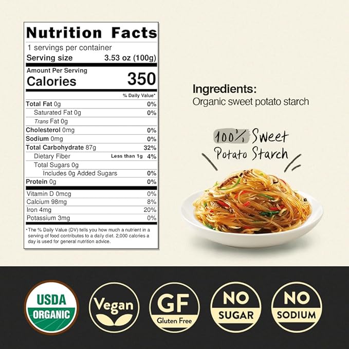 Chung Jung One Korean Sweet Potato Glass Noodle, Non GMO (Gluten Free), Vegan, No Sodium, No Sugar 3.5oz (100g), 4 PACK