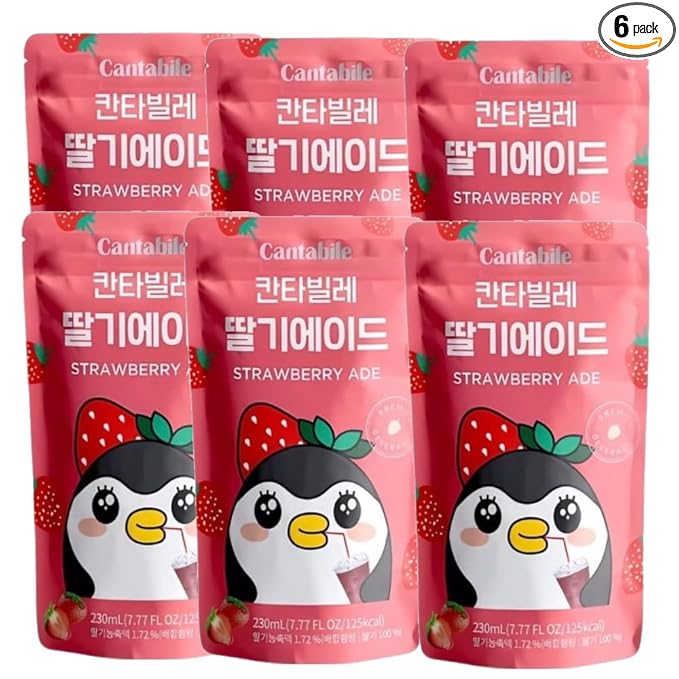 Cantabile Korean Convenience Store Pouch Drink Ready-to-Drink Refreshing Beverage Imported from Korea (6 Pack, Strawberry)