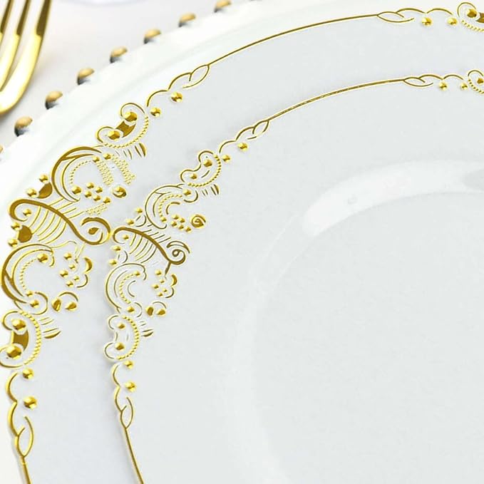 Efavormart 10 Pack | 8" White and Gold Baroque Dessert Plates, Leaf Embossed Metallic Rim Heavy Duty Appetizer Plates for Traditional Bridal Showers