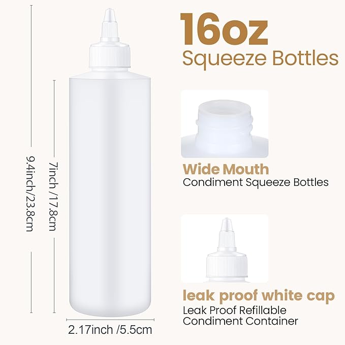 Irenare 30 Pack Plastic Condiment Squeeze Bottles for Sauces Empty Squirt Bottle with Top Cap for Condiment BBQ, Dressing, Paint, Workshop, Crafts(White,16 oz)