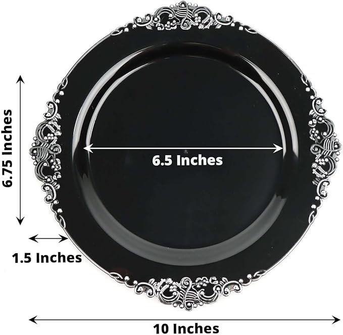 Efavormart 10 Pack | 10" Black and Silver Baroque Dinner Plates, Leaf Embossed Metallic Rim Heavy Duty Serving Plates for Corporate Events and Galas