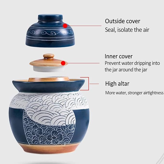 QPZK Blue Traditional Chinese Porcelain Pickle Jar, Ceramic Fermentation Crock Pickling Pot,Fermenting Jar With Water Seal Airlock Lid Stoneware Fermenter for Kimchi Saue 5KG
