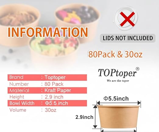 TOPtoper 80 Pcs 30 Oz【WITHOUT LIDS】 Large Paper Bowls Disposable Soup Bowls Bulk Plastic Free Party Supplies for Hot/Cold Food, Soup (30 OZ)