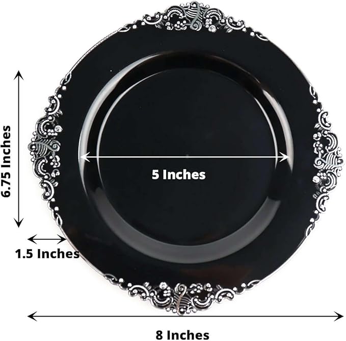Efavormart 10 Pack | 8" Black and Silver Baroque Dessert Plates, Leaf Embossed Metallic Rim Heavy Duty Appetizer Plates for Industrial Chic Events