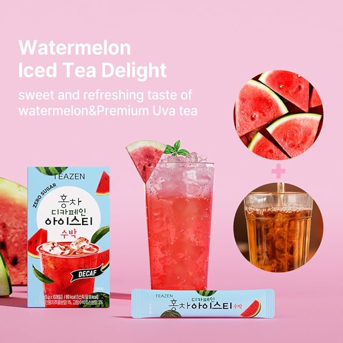 Teazen Summer Watermelon Iced Tea, Sugar Free, Uva Black Tea, Hydration Drink Mix, Decaf, 10 Sticks, 1.76oz