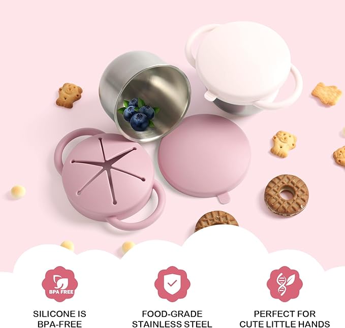 Daximo 2 Pack Snack Cups for Toddlers Spill Proof - Detachable Stainless Steel Toddler Snack Cups with Silicone Lids & Handles - Dishwasher Safe Baby Snack Containers (Matte Pink and Matte Off White)
