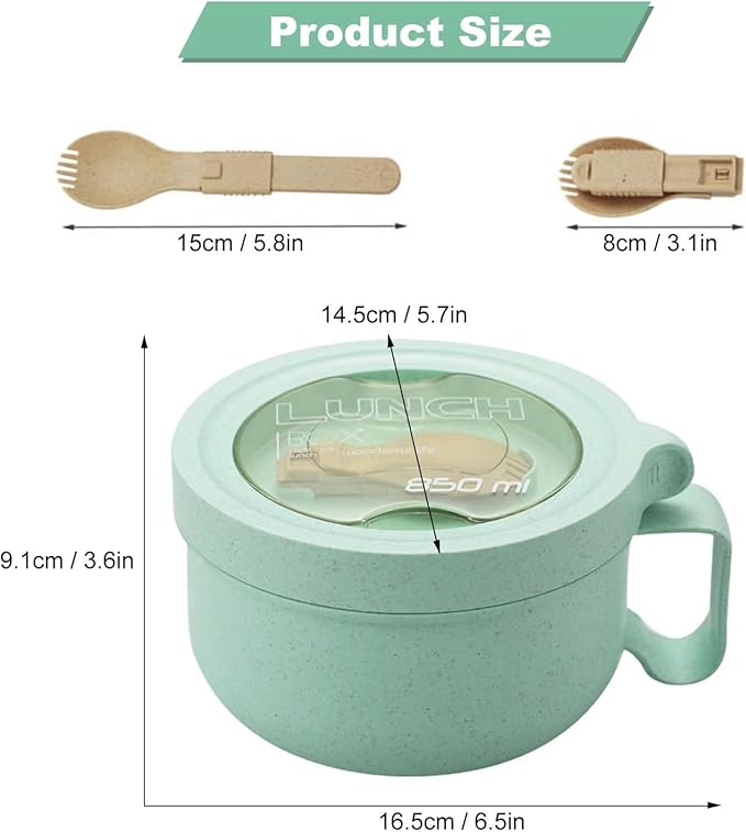 Rarapop 28.7oz Microwave Soup Bowl Containers with Lids, Wheat Straw Ramen Noodles Cup Mug for Instant Noodles,Oatmeal, Gumbo, Salad,Crunch,Cereal & More - Easy-Grip Design, Green