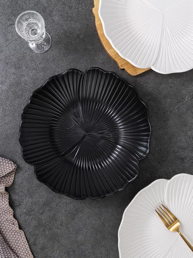 CLAY TONIC Set of 3-10 Inch Japanese Style Flower Petal Shaped Porcelain Round Dinner Plates/bowl, Versatile Circular Serving Plates for Pasta, Salad, Steak Dinner (Black, 10 Inches)