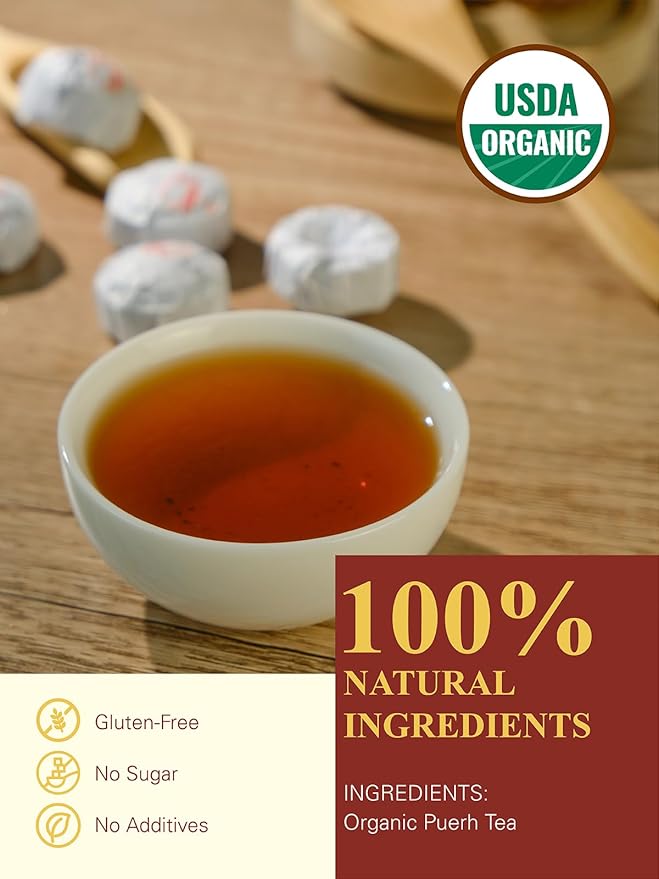 GLDNT Organic Pu-erh Tea, 20 Count Organic Puerh Mini Cakes, Glutinous Rice Aroma, Smooth & Mellow Flavor, Caffeinated, 3.5oz