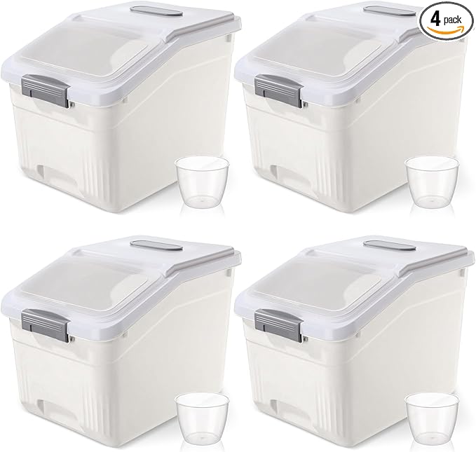 Blushtier 4 Pack Large Rice Storage Containers 30 Lbs Airtight Flour Container with Seal Locking Lid and Measuring Cup Kitchen Dry Food Storage Bins for Cereal Sugar Beans (Creamy White)