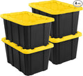 Sterilite 4-Pack 27 Gallon Industrial Storage Tote, Heavy-Duty Plastic Bins, Black/Yellow - Stackable Utility Organizers with Lids for Garage, Camping Tools, and Outdoor Gear