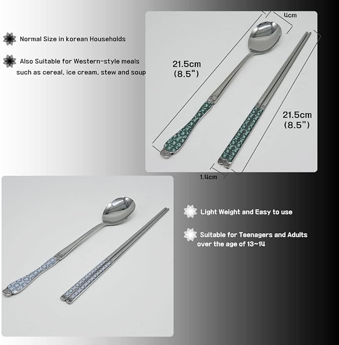 [Made in Korea] Goryeo Celadon Design Korean Table Sticky Rice Spoon and Chopsticks 430 Stainless Steel Glossy Surface Mukbang Cutlery (White and Blue)