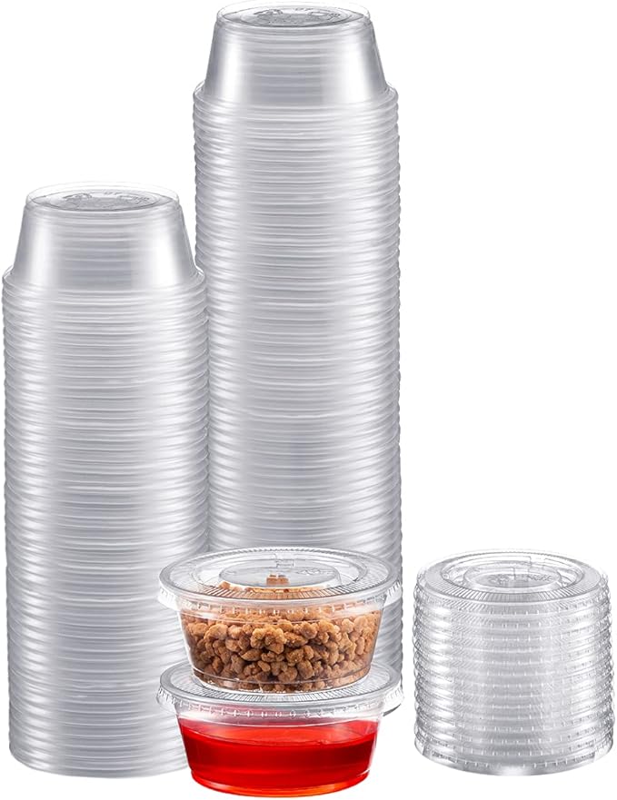 Zeml Portion Cups with Lids (2 Ounces, 100 Pack) | Disposable Plastic Cups for Meal Prep, Portion Control, Salad Dressing, Jello Shots, & Medicine | Small Plastic Condiment Container