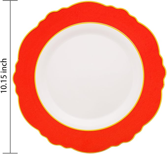 WDF 60pcs Red Plastic Plates with Gold Rim - 10.25inch Red Dinner Plates Disposable Plates for Mother's Day Wedding Party Birthday/Memorial Day/4th of July
