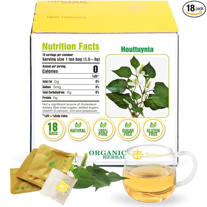Soilmount - Houttuynia Cordata Tea - |Dokudami|Yuxingcao|鱼腥草|어성초| - Pure Herbal Tea - Natural, Organic, Non-GMO, Clean Ingredients, Caffeine Free (18 Tea Bags, Box 1)