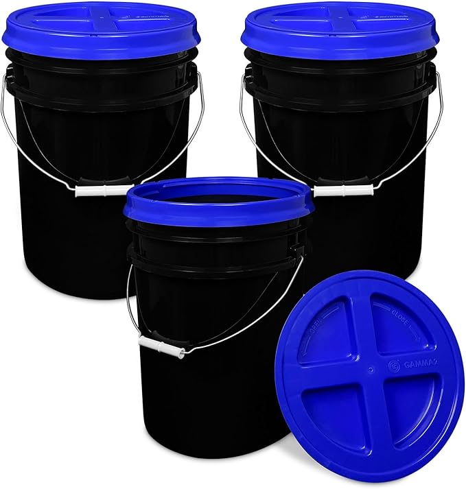 ePackageSupply 5 Gallon Bucket - Food Grade Bucket with Airtight Gamma Seal Screw-On Lid, BPA-Free, Heavy-Duty 90 Mil HDPE Plastic, Bulk Storage, Durable Container, Made in USA, Black/Blue, 3 Packs