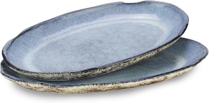 roro Rustic Handmade Ceramic Stoneware Oval Plates, Reactive Blue, Set of 2 – Textured Finish Artisan Serving Plates