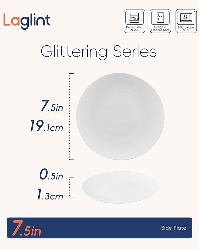 LaGlint 7.5 inch Appetizer Plate Set of 6, Opal Glass Round Geometric Faceted Small White Plates for Salad Dessert, Kitchen, Dishwasher and Microwave Safe
