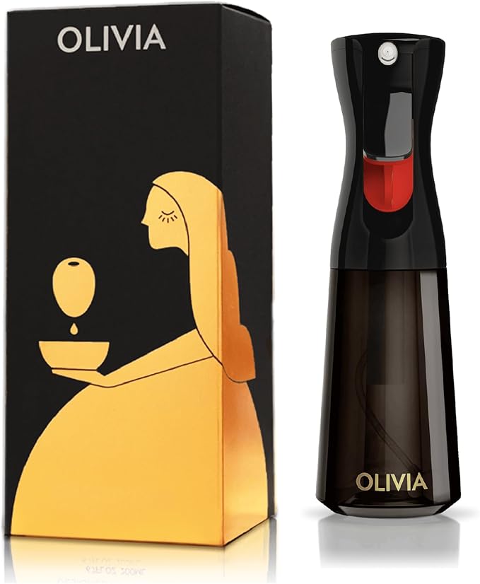 OLIVIA SIGNATURE Advanced Kitchen Oil Sprayer with Flairosol Technology, Fine Mist & Portion Control, Refillable Glass Cooking Spray Bottle, Anti-Drip & Leakproof, Air Fryer, Salad, BBQ, 200ml(Black)