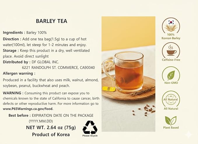 Damtuh Korean Barley Tea, Roasted Barley Tea Bags, Boricha Mugicha, Caffeine-Free, 50 Bags