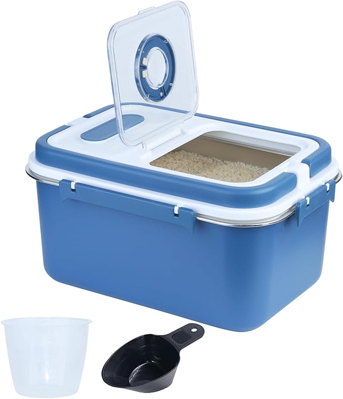 Rice Sorage Container Bin 20 lbs Stainless Steel Flour Storage Containers with Lid Rice Grain Kitchen Bucket Airtight Canister for Cereals Flour Sugar Tea Milk Wine Ice, Dry/Wet Food,Blue