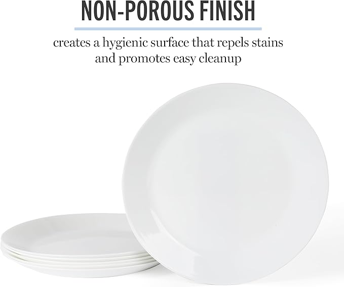 Martha Stewart Opalton Dinner Plates 6-Piece 10-Inch Plate Set – Chip and Break Resistant Opal Glass Plates - White