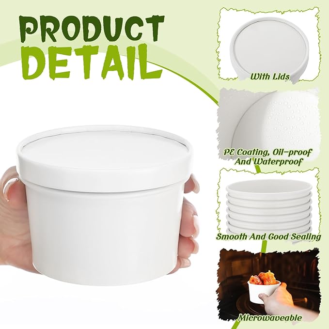 Fulmoon 100 Pack Paper Soup Containers with Lids Disposable Paper Food Containers with Vented Lid Kraft Ice Cream Cake Dessert Cups Soup Bowl for Party Hot Food Fruit Microwave(6 oz,White)