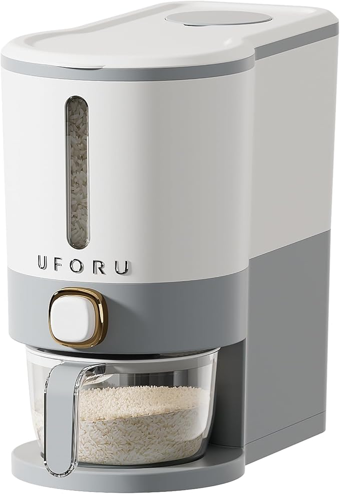 UFORU Rice Dispenser, Rice Storage Container with Measuring Cup for Kitchen Pantry Household, Dry Food Storage Containers Airtight, Sealed Moisture Proof (Grey 11 Lbs)