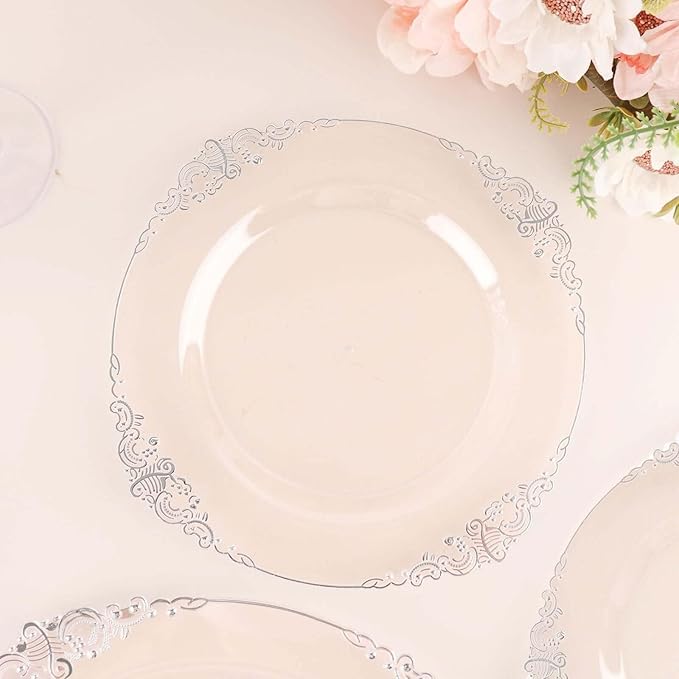 Efavormart 10 Pack | 8" Clear and Silver Baroque Dessert Plates, Leaf Embossed Metallic Rim Shatterproof Appetizer Plates for Modern Winter Galas