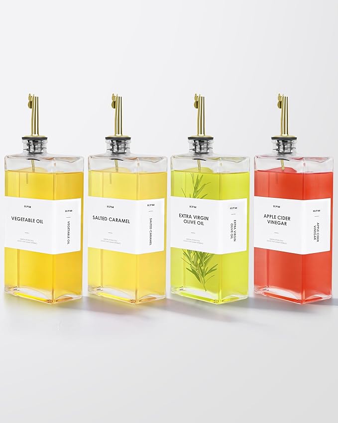 WISIMMALL Olive Oil Dispenser For Kitchen, Glass Oil Bottle 500ML Oil And Vinegar Dispenser Set Of 4 with 4 Stainless Steel Pourers & 44 Labels, Soy Sauce Dispenser, Coffee Syrup Bottles