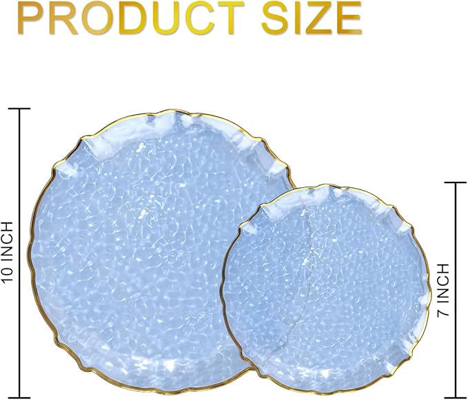 bUCLA 40PCS Clear Blue Plastic Plates - Hammered Disposable Plates with Gold Lace-Edge - Include 20 Each (10inch Dinner & 7inch Dessert) for Party, Birthday & Daily Use