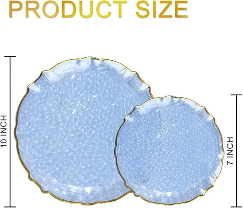 bUCLA 40PCS Clear Blue Plastic Plates - Hammered Disposable Plates with Gold Lace-Edge - Include 20 Each (10inch Dinner & 7inch Dessert) for Party, Birthday & Daily Use