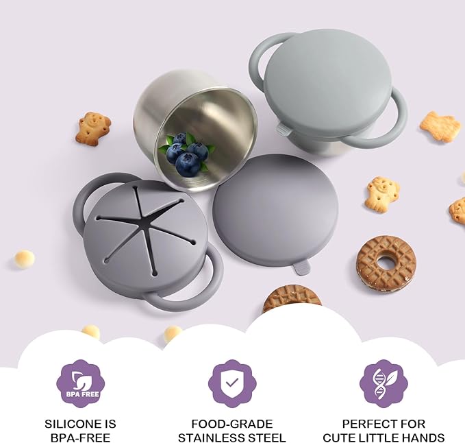 Daximo 2 Pack Snack Cups for Toddlers Spill Proof - Detachable Stainless Steel Toddler Snack Cups with Silicone Lids & Handles - Dishwasher Safe Baby Snack Containers (Matte Gray and Matte Green)