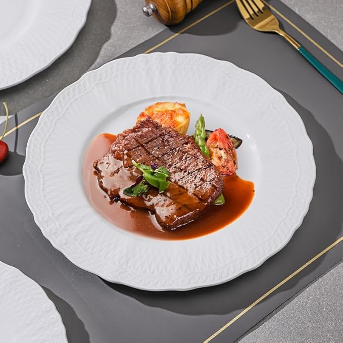 10 Inch Porcelain Dinner Plates Set of 4,Serving Dishes,White,Embossed,Heat Resistant,Scratch Resistant,Highly Glossy Glaze,Dishwasher safe,Microwave safe (Moonshine 10'')