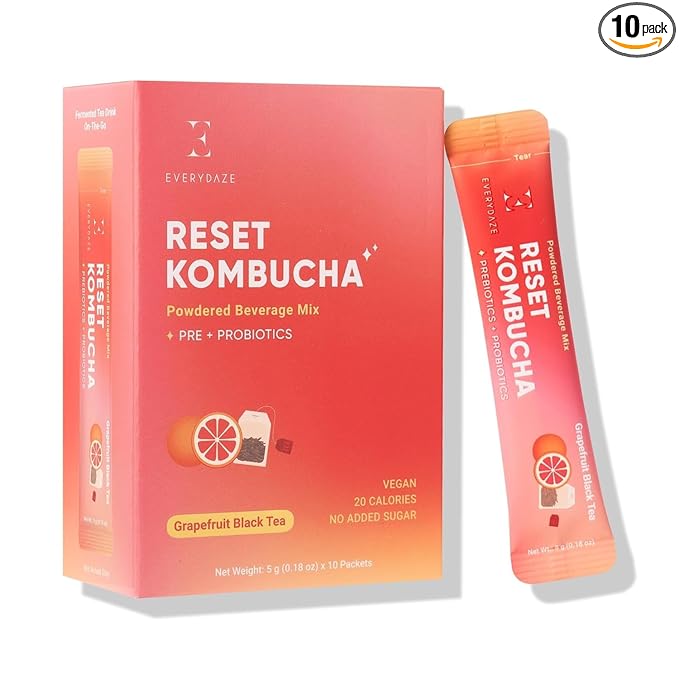Everydaze Reset Kombucha Tea Powdered Beverage Mix | 10 Sticks | Prebiotics + Probiotics | Vegan | No Added Sugar, Gluten Free, Sparkling Powder Drink Pack (Grapefruit Black Tea)
