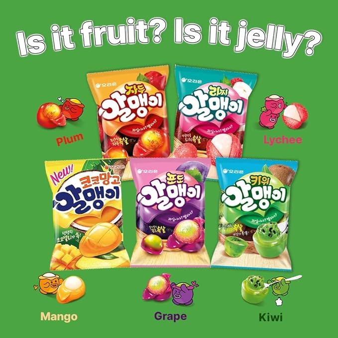 Korean Fruit Jelly Candy – Assorted Chewy Gummy Snacks – 5 Fruity Flavors (Grape, Plum, Lychee, Kiwi, Mango) – Individually Wrapped – Perfect for Kids & Adults – 알맹이젤리 (Grape–1.26oz(36g) × 6pack)