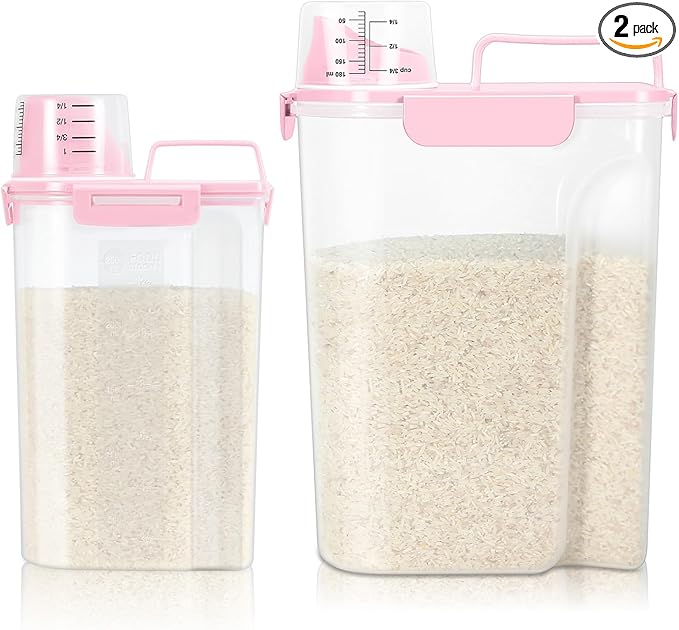 TBMax 2 Pack Airtight Rice Container 5 Lbs +10 Lbs, Cereal Container Oatmeal Storage with Easy-pouring Spout & Handy Cup for Flour Grain Beans, Pet Dog Cat Bird Food Storage Dispenser -Pink