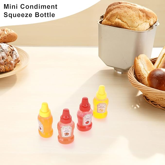 Jspupifip Mini Ketchup Bottles with Sturdy Screw Cap, 25ml Mini Condiment Squeeze Bottles Portable Honey Sauce Salad Dressing Dispensers Jars Containers for Adults Lunch Box (4)