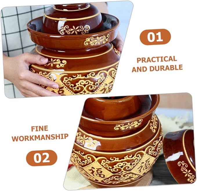 ULTECHNOVO Earthenware Pickle Jar 4lb Thickened Ceramic Chinese Kimchi Crock with Sealed Lid for Vegetable Fermenting and Sauerkraut Storage, Traditional Pottery Jar for Home Use