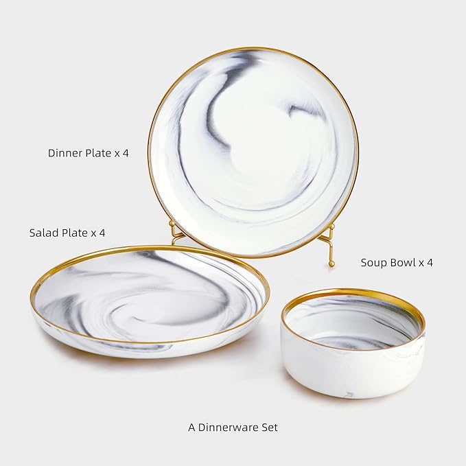 Pokini Marble Gold Rim Dinnerware Sets, Porcelain Plates and Bowls Sets, Modern Luxury Dish Set for 4, White Grey China Dinner Set for Special Occasions, Hand Wash Quickly