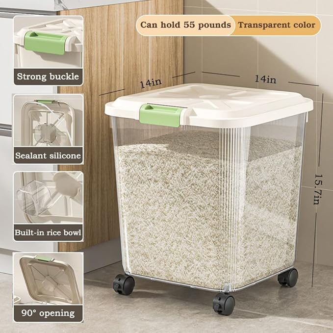 Food-Grade Rice Storage Container with Measuring Cup/Wheels – Airtight, Anti-Insect, Moisture-Proof Bin for Rice, Flour, Pet Food – Large Kitchen & Pantry Organizer (02,55 lbs(with wheels))