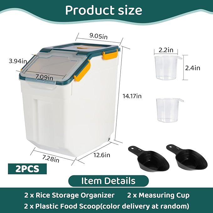 Rice Storage Container 25 lbs Large Household Flour Sugar Containers Airtight Grain Cereal Dispenser with Wheels, Locking Lid & Measuring Cup for Kitchen Pantry Organization, 2 Pack(Blue)