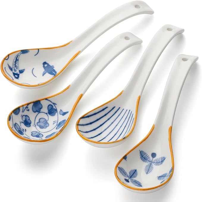 Soup Spoon Set of 4 Ceramic Chinese Soup Spoons Ramen Spoons for Pho Noodle Cereal Dumpling