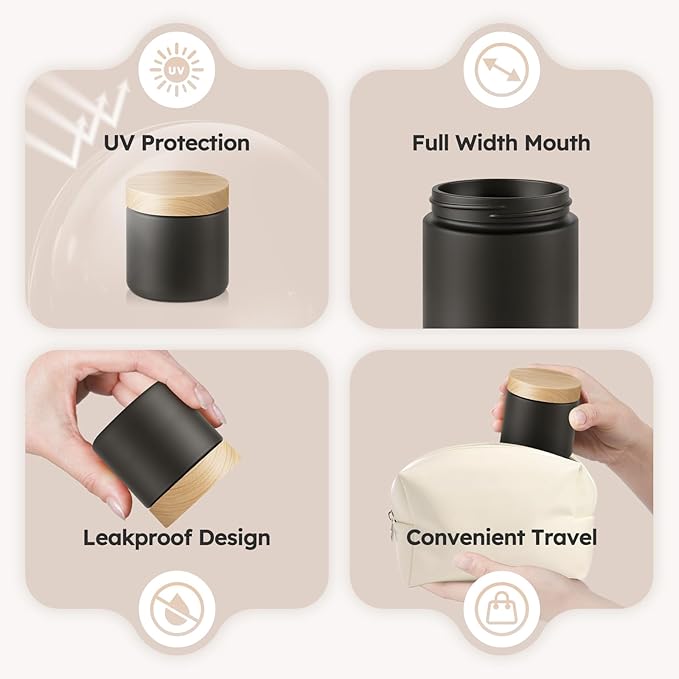 Small Glass Jars with Lids, 4 oz Black Glass Jars with Plastic Woodgrain Lids & Inner Liners Leakproof Round Airtight Empty Cosmetic Travel Containers - 2 pack
